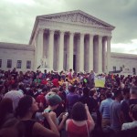 A crowd gathers outside the Supreme Court after the same-sex marriage ruling, June 26, 2015